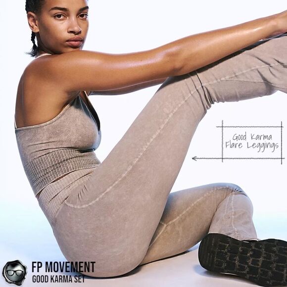 FP MOVEMENT GOOD KARMA SET: CROP TANK BRA + FLARE LEGGINGS IN MUSHROOM & GREEN - Picture 8 of 15
